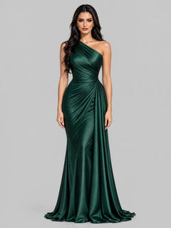 Emerald Green One Shoulder Ruched Satin Maxi Dress Elegant Evening Gown [erp-image:e7e096c532209587f4f67bee]