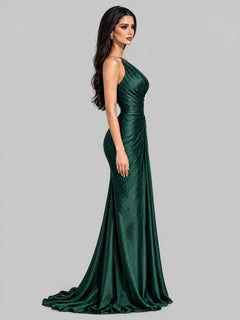 Emerald Green One Shoulder Ruched Satin Maxi Dress Elegant Evening Gown [erp-image:ce986ca58ae159aab5c51f49]