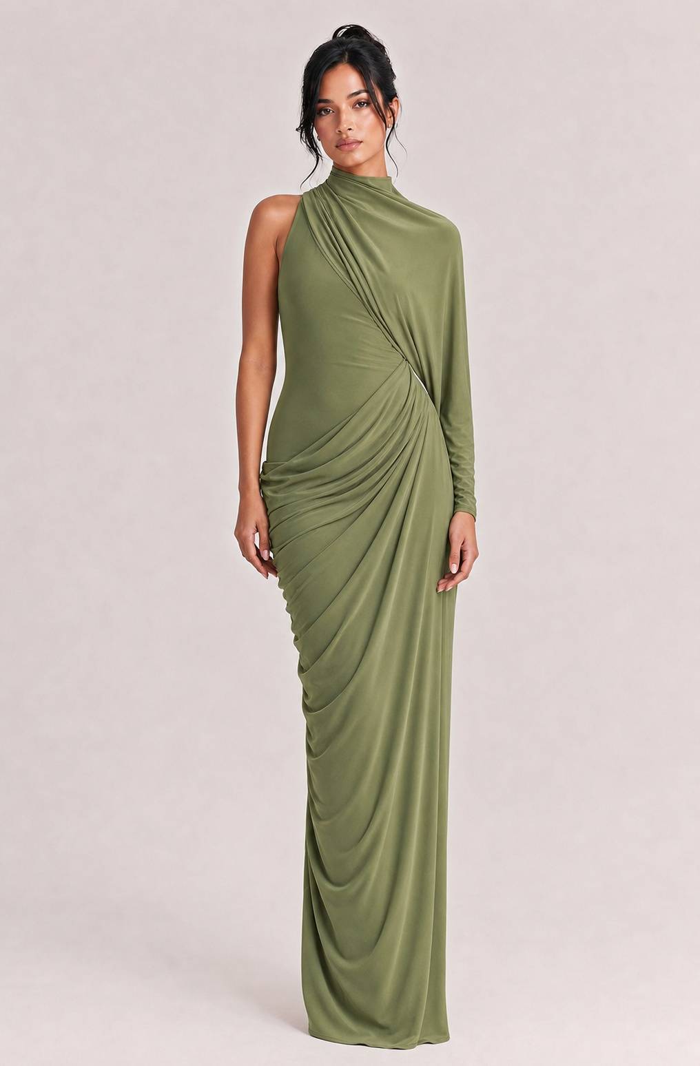 Elegant Asymmetrical One-Sleeve Draped Maxi Dress