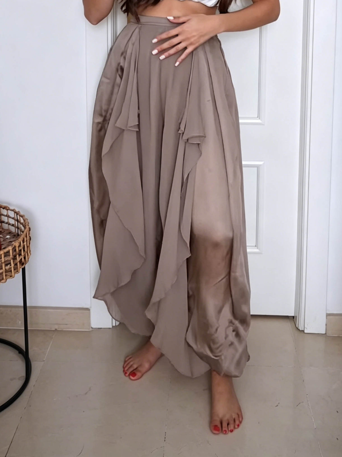 Casual Elegant Flowy Chiffon Draped Wide-Leg Pants Two-Piece Set
