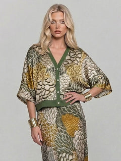 Retro Scale Print Satin Skirt Two-Piece Set