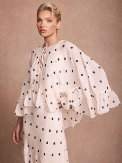Elegant Polka Dot Ruffle Layered Chiffon Cape Maxi Dress