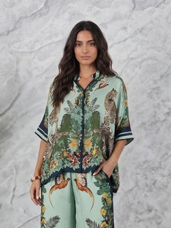 Exotic Jungle Print Batwing Sleeve Shirt & Wide Leg Pants Set