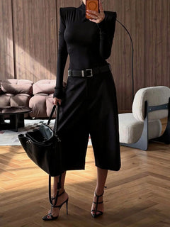 Women's Black Padded Shoulder High Neck Long Sleeve Top and Bermuda Shorts Two Piece Set [erp-image:48d902da08b92d1ed5262dc4]