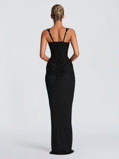 Elegant Square Neck Cinched Top & Ruched Waist Draped Maxi Dress