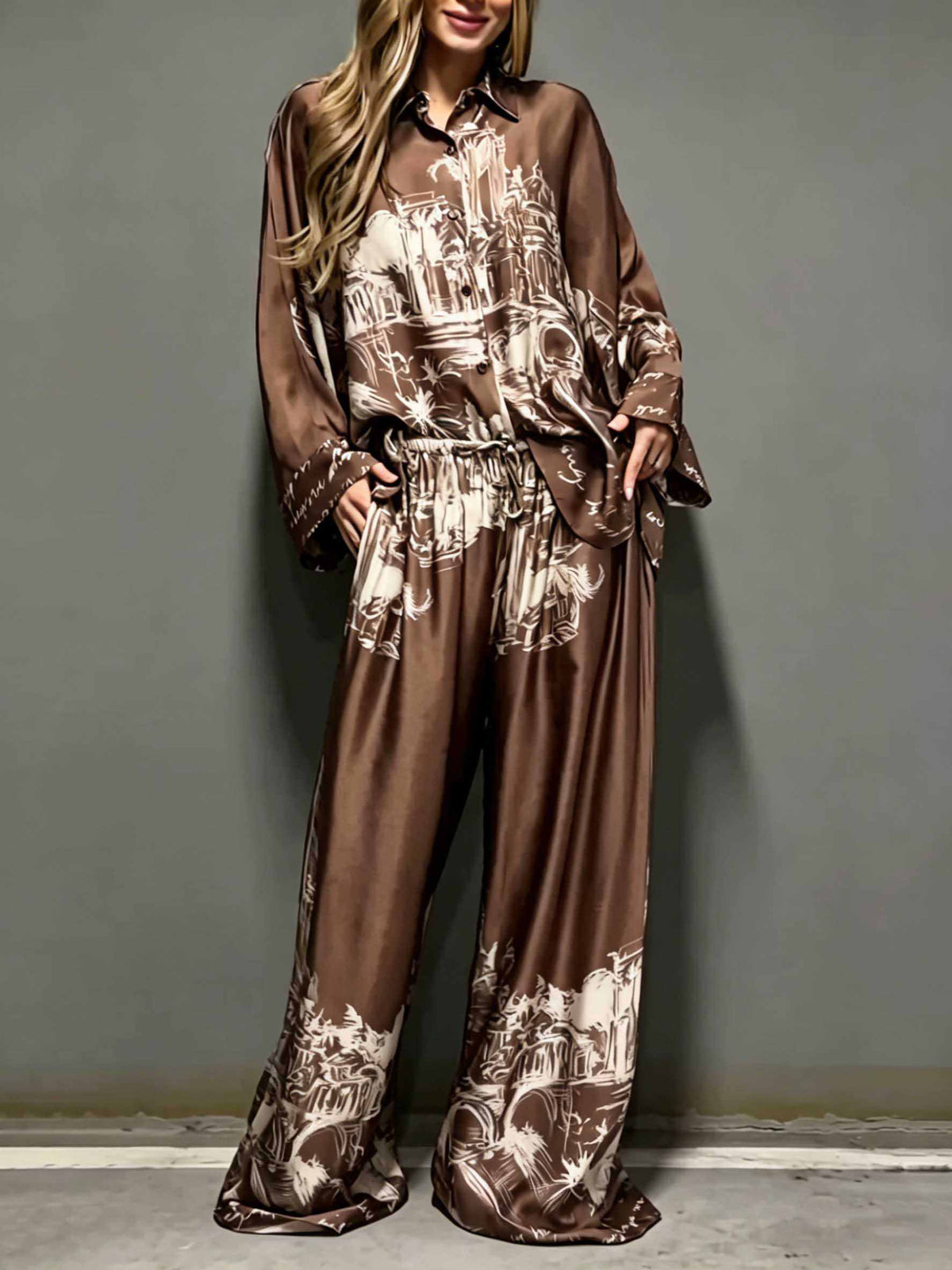 Architectural Print Satin Wide-Leg Pants