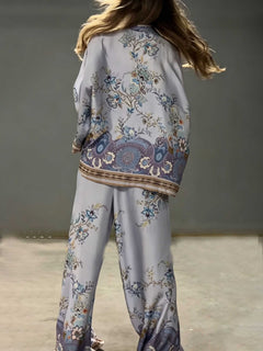 Exquisite Floral Paisley Print Satin Button Shirt & Wide Leg Pants Set
