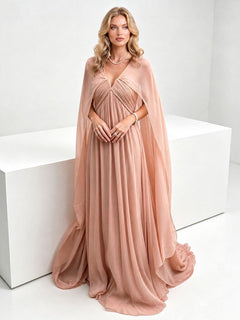 Elegant Draped V-Neck Sheer Cape Sleeve Sweep Train Maxi Dress