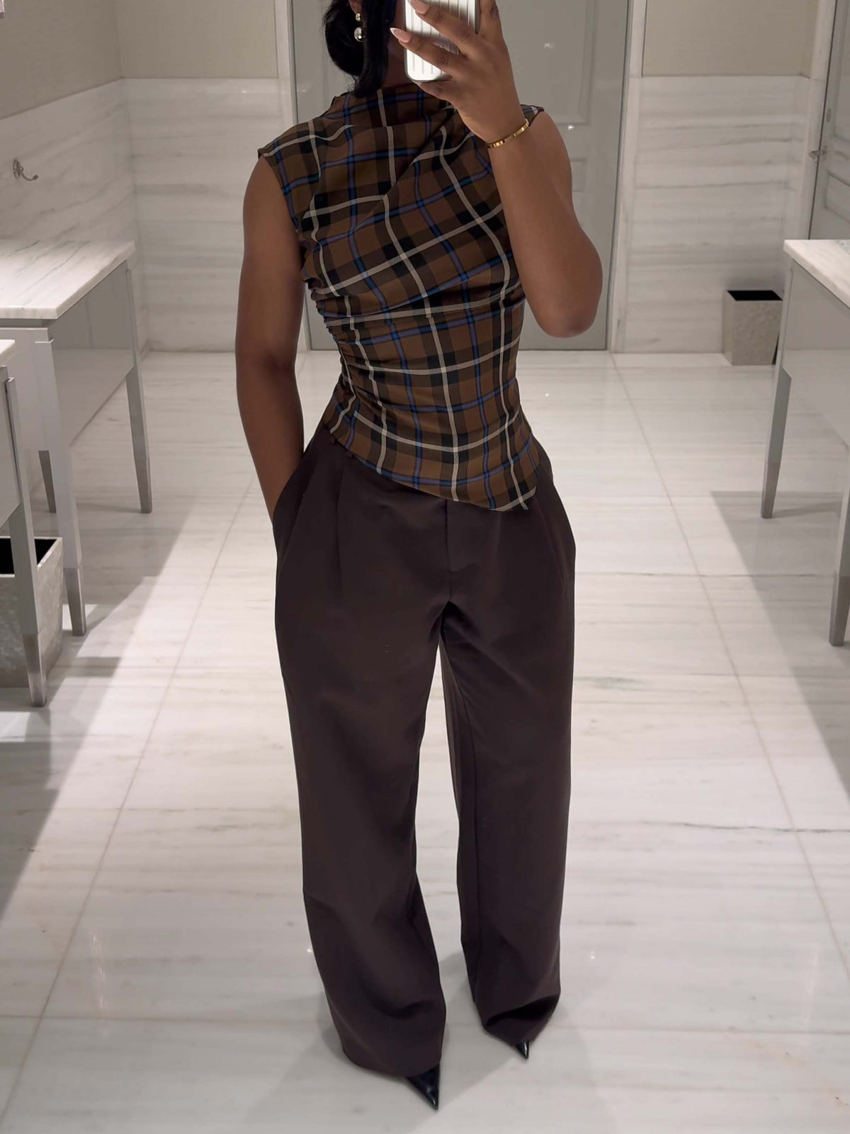 Casual Plaid Pleated Top And Wide-Leg Pants Set