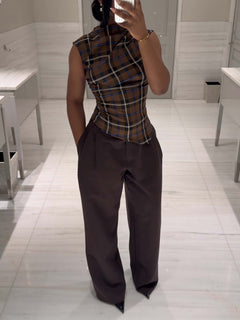 Casual Plaid Pleated Top And Wide-Leg Pants Set