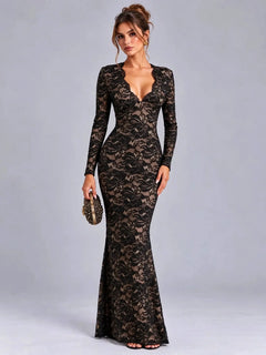 Black Floral Lace Plunge Neck Long Sleeve Maxi Evening Dress [erp-image:819f3b8faf68fe2af1101eb0]