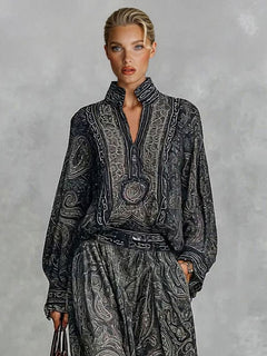 Elegant Paisley Print High-Neck Blouse