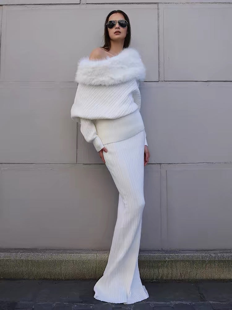 Gray Off-Shoulder Faux Fur Trim Knit Sweater & Mermaid Skirt Set