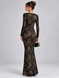 Black Floral Lace Plunge Neck Long Sleeve Maxi Evening Dress [erp-image:9607979cc68f8d5d5bda260c]