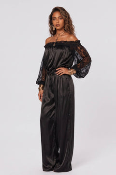 Elegant Satin Shoulder Lace Stitching Sleeve Top Wide Leg Pants Set