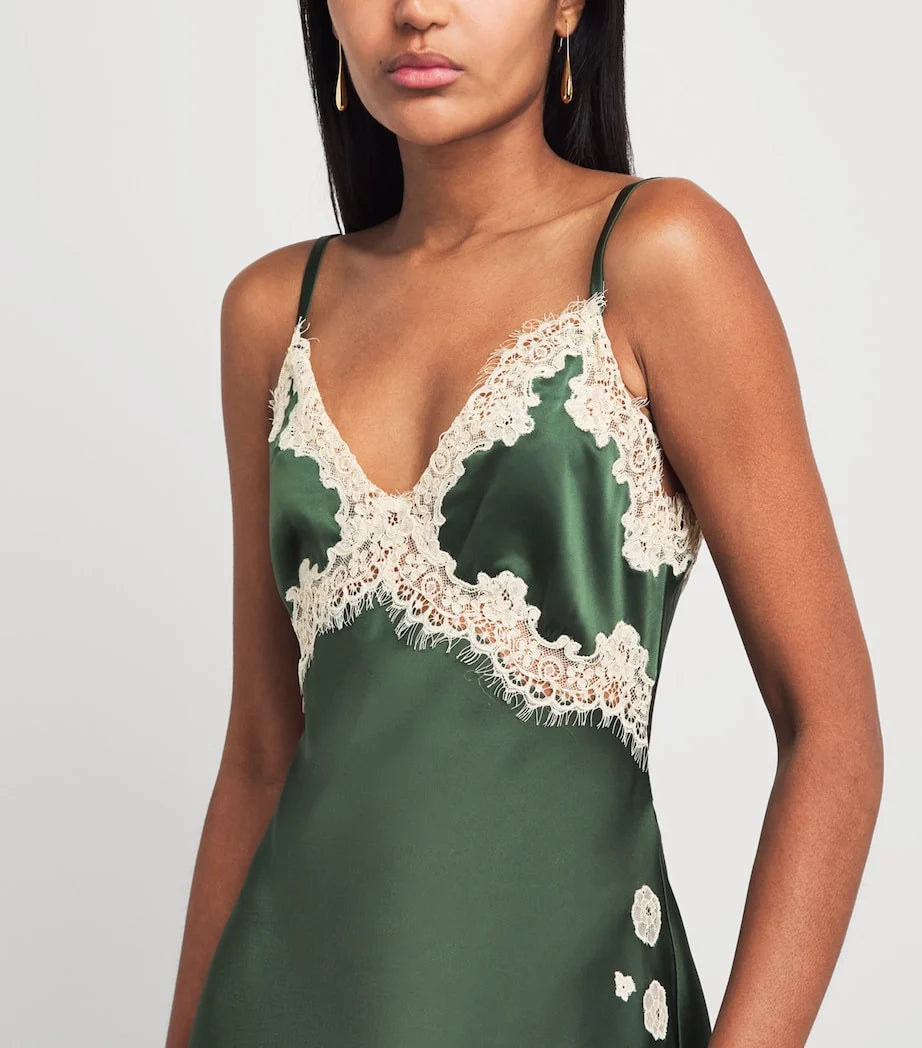 Lace Trim V-Neck Satin Slip Maxi Dress in Dark Green [erp-image:8e6ac60bb00279a591737b91]
