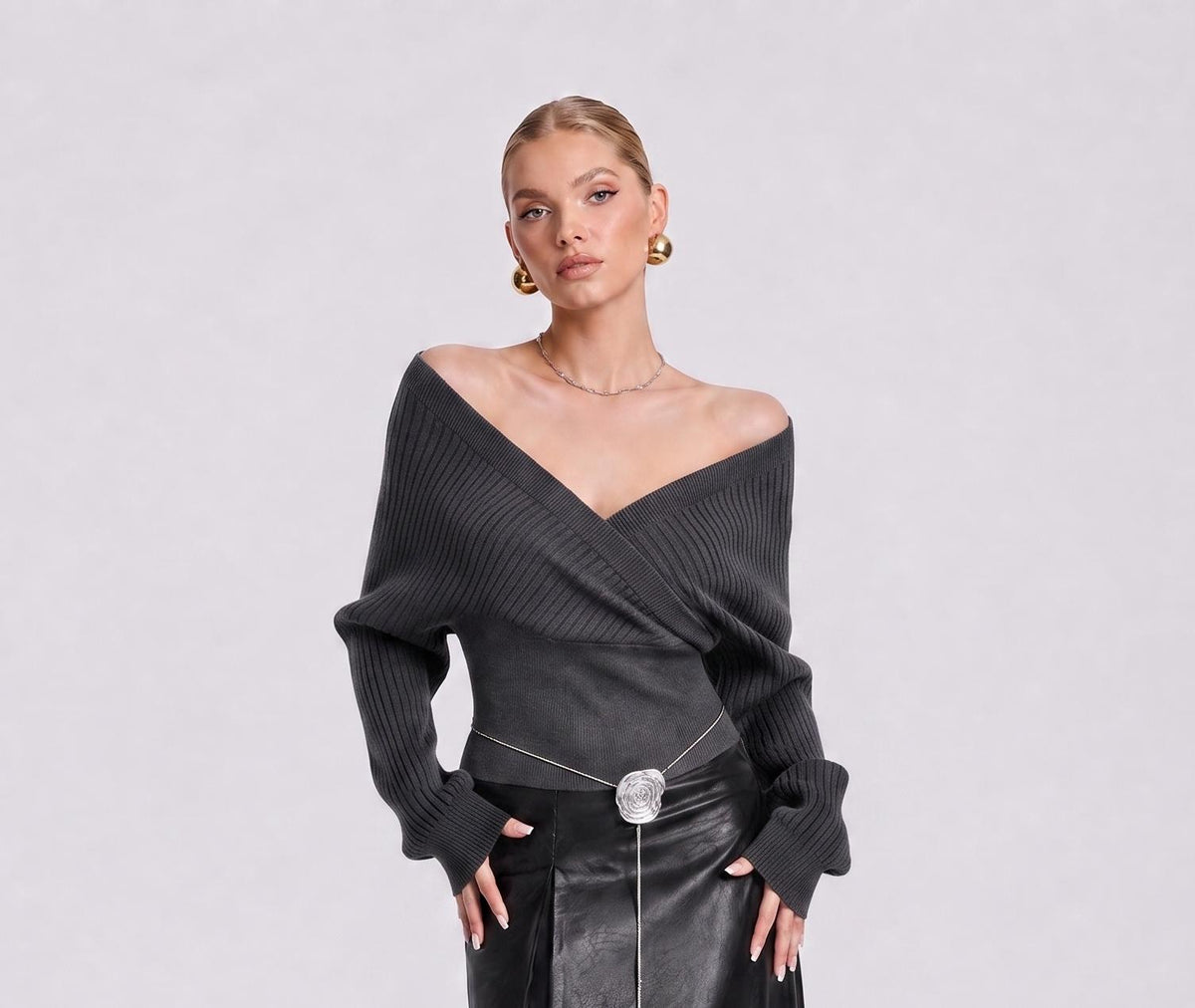 Monlark  Women Off Shoulder Wrap V‑Neck Knit Sweater