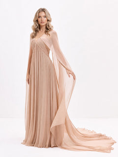 Elegant Draped V-Neck Sheer Cape Sleeve Sweep Train Maxi Dress