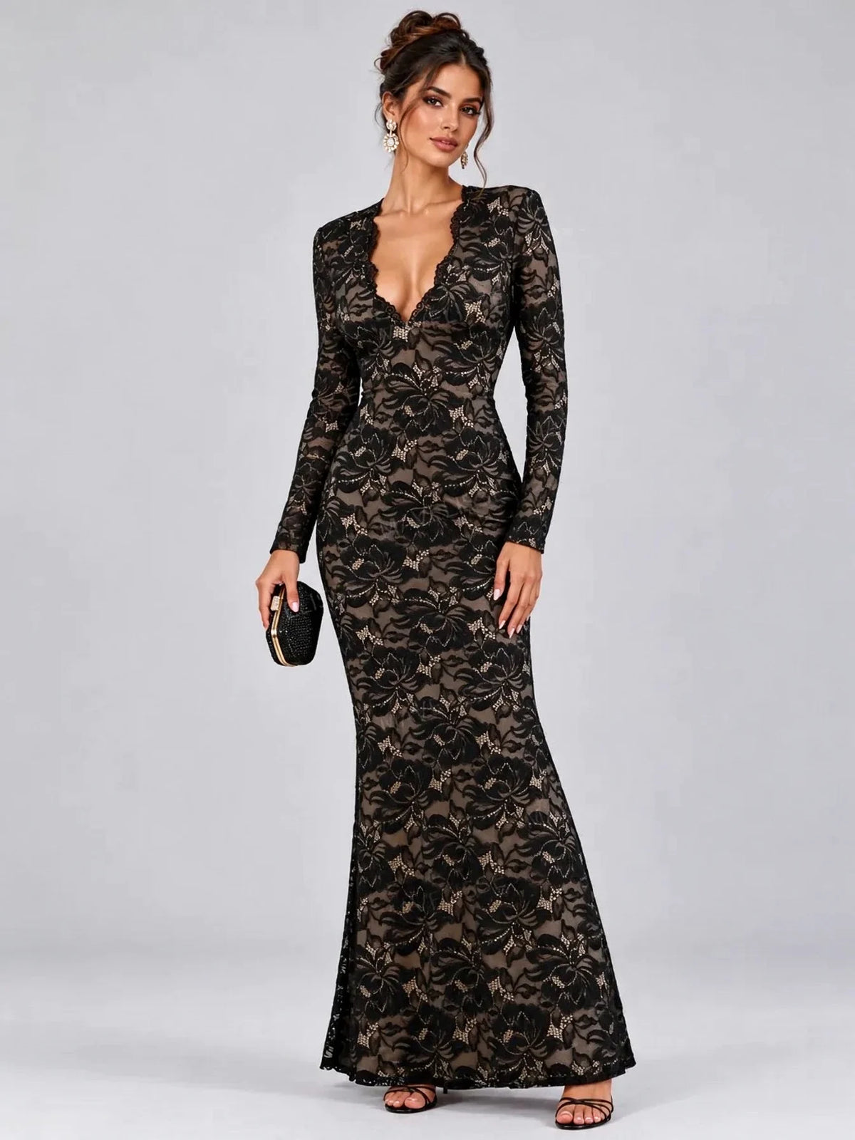 Black Floral Lace Plunge Neck Long Sleeve Maxi Evening Dress [erp-image:2bf99f4be21a11fcbdfa1e11]