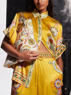 Sophisticated Satin Unique Cashew Flower Print Button Oversized Shirt Two-Piece Set
