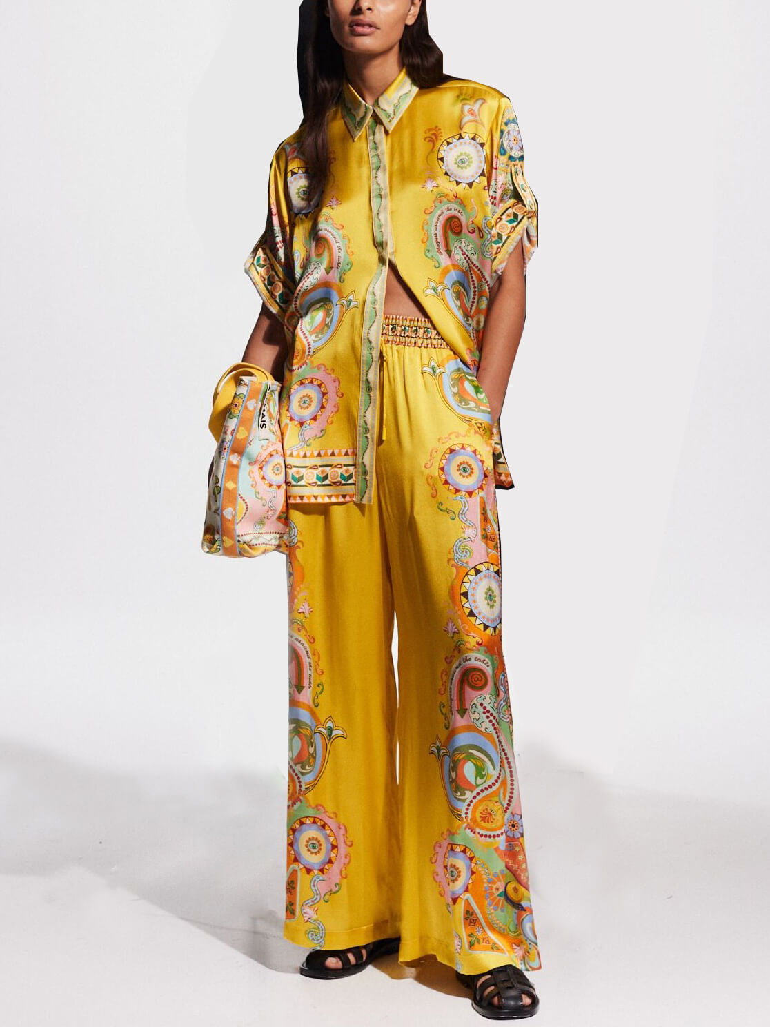 Sophisticated Satin Unique Cashew Flower Print Button Oversized Shirt Two-Piece Set