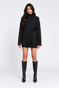 Feather Trim Mock Neck Knit Sweater and Mini Skirt Two Piece Set [erp-image:62cdd598a358ca4516fc9a7e]
