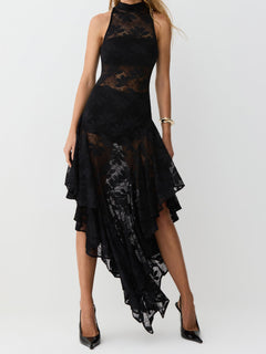 Elegant  Floral Lace High Neck Halter Sleeveless Asymmetric Midi Dress-Likemychoice