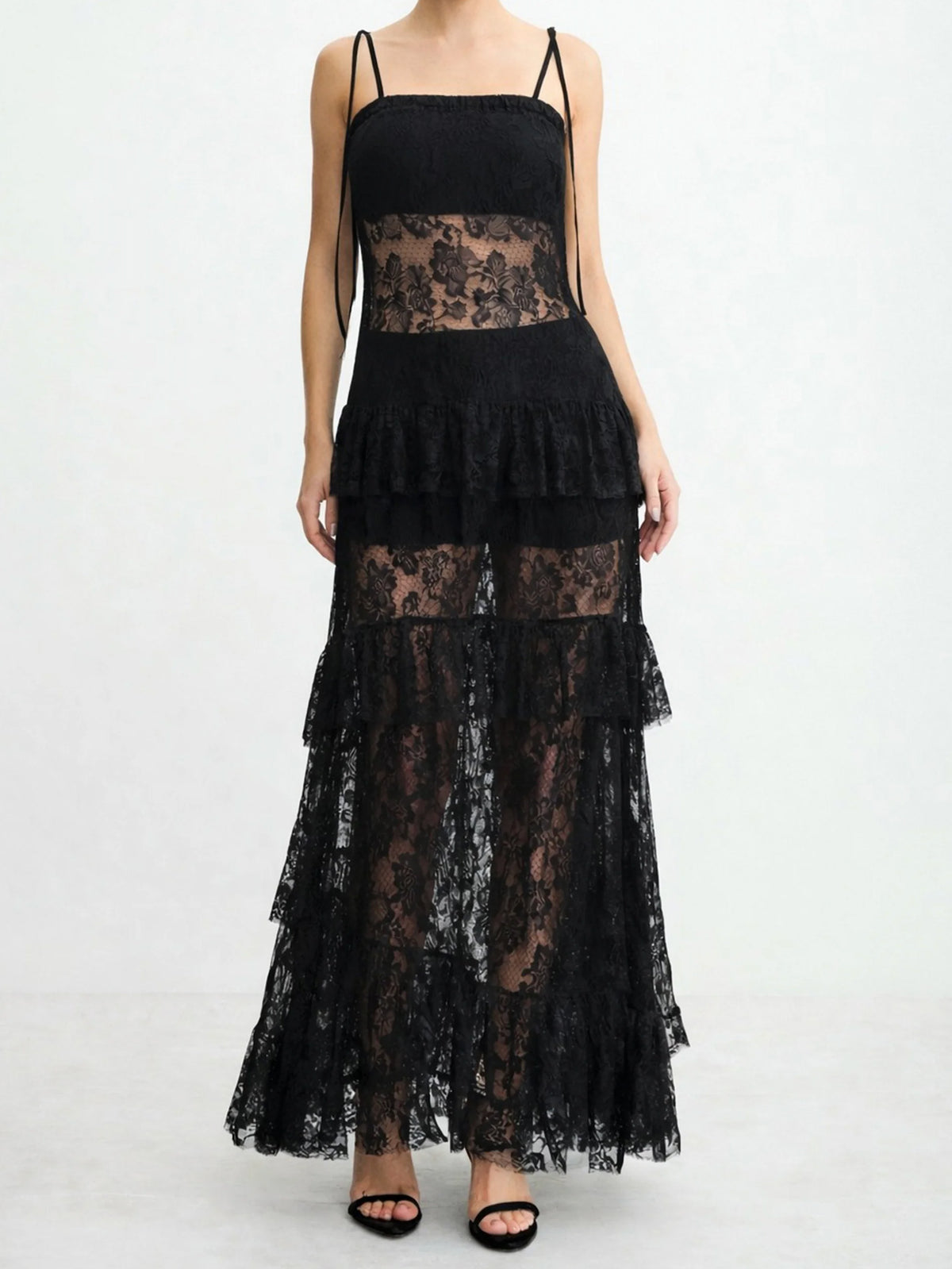 Elegant Spaghetti Strap Tiered Lace Sheer Maxi Dress-Likemychoice