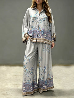 Exquisite Floral Paisley Print Satin Button Shirt & Wide Leg Pants Set