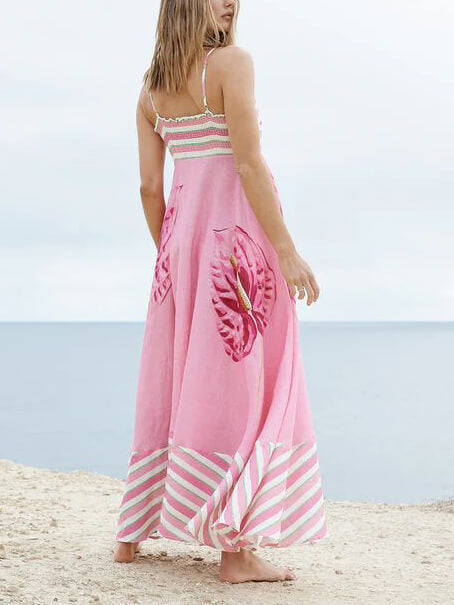 Floral Print Paneled Striped Suspender Mixi Dress