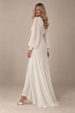 Deep V-Neck Long Sleeve Chiffon Ruched A-Line Maxi Wedding Dress [erp-image:c459c7ef0efc0e6706c56b78]