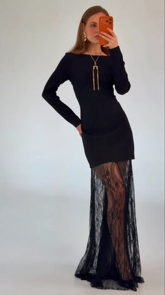 Black Long Sleeve Boat Neck Bodycon Maxi Dress with Sheer Lace Hem [erp-image:5c14600856dd62500e9fb5ec]