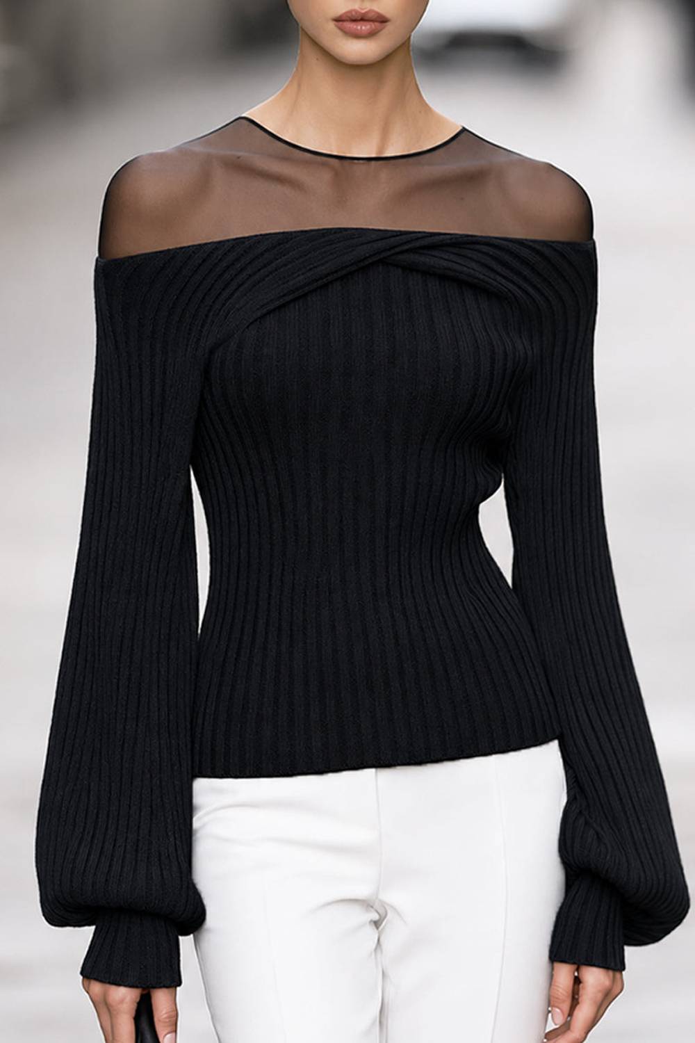 Sheer Mesh Neck Twist Front Off Shoulder Bishop Long Sleeve Knit Top
