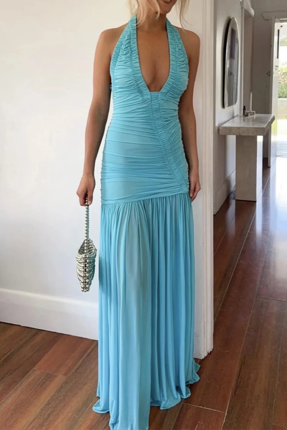 Sky Blue Halter Plunge Neck Ruched Drop Waist Maxi Dress [erp-image:986a47cf129017a90366818f]