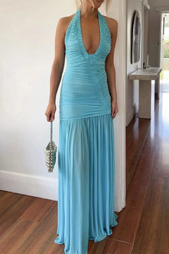 Sky Blue Halter Plunge Neck Ruched Drop Waist Maxi Dress [erp-image:986a47cf129017a90366818f]