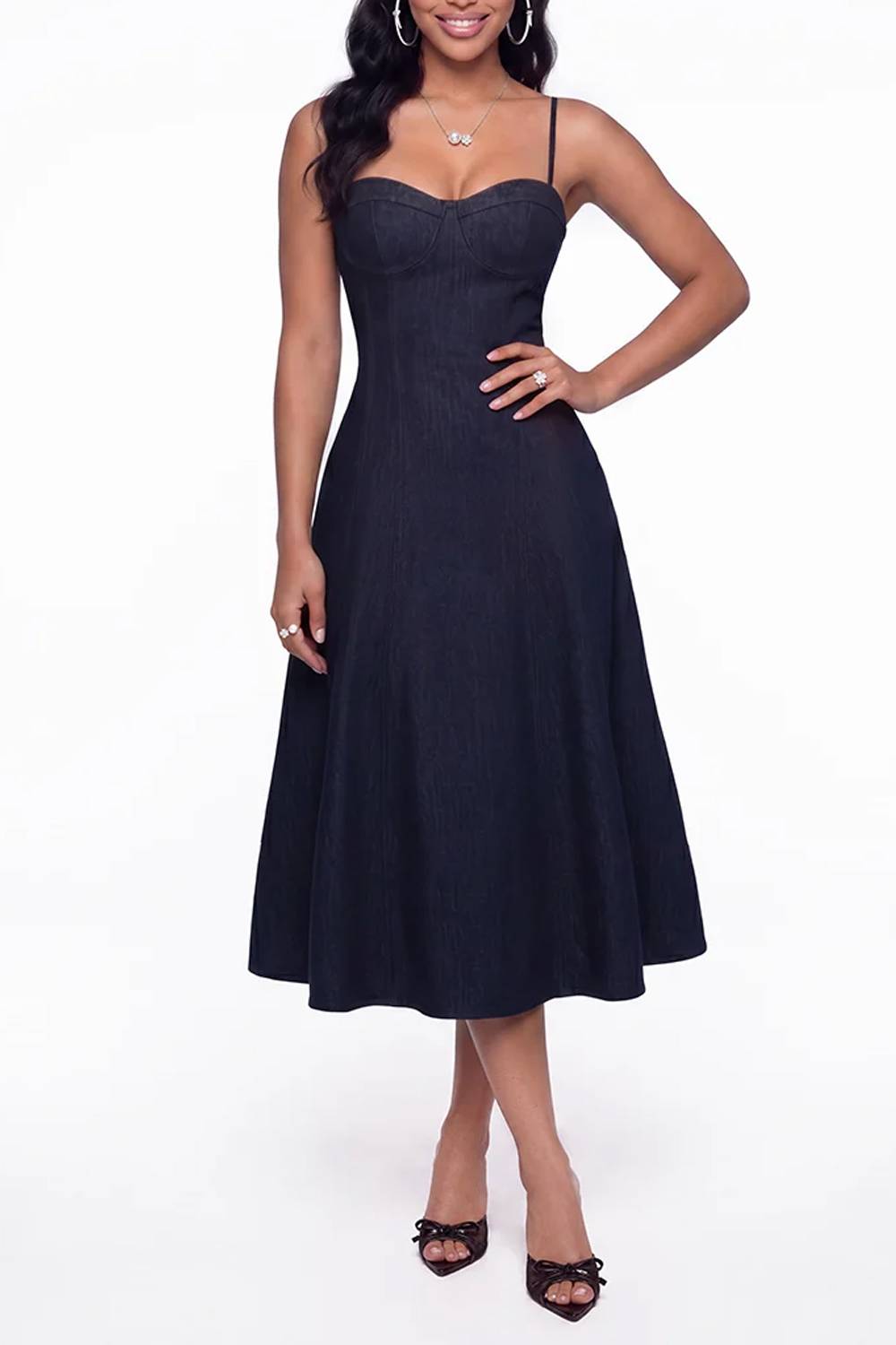 Spaghetti Strap Sweetheart Corset Midi Flare Dress