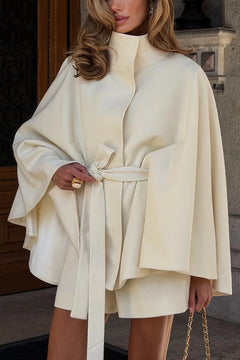 High Neck Belted Cape Coat and Shorts Two Piece Outfit Set