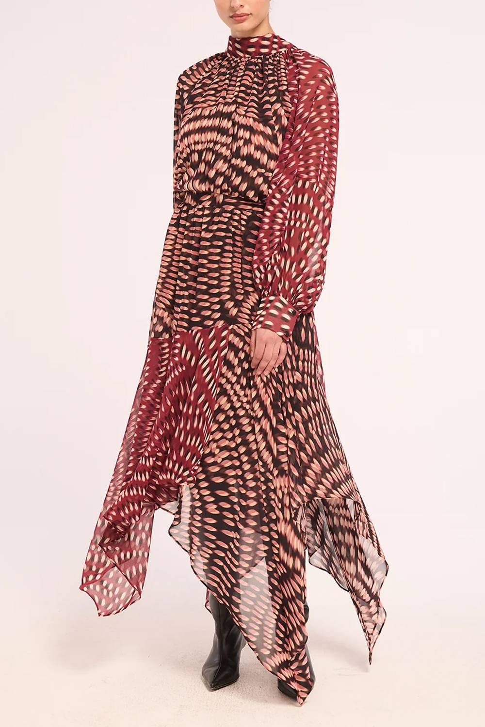 High Neck Long Sleeve Printed Asymmetrical Hem Maxi Dress