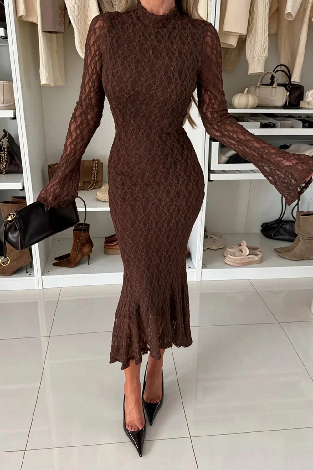 Women High Neck Long Flare Sleeve Lace Mermaid Midi Dress [erp-image:c293411a72b4241eb275ee36]