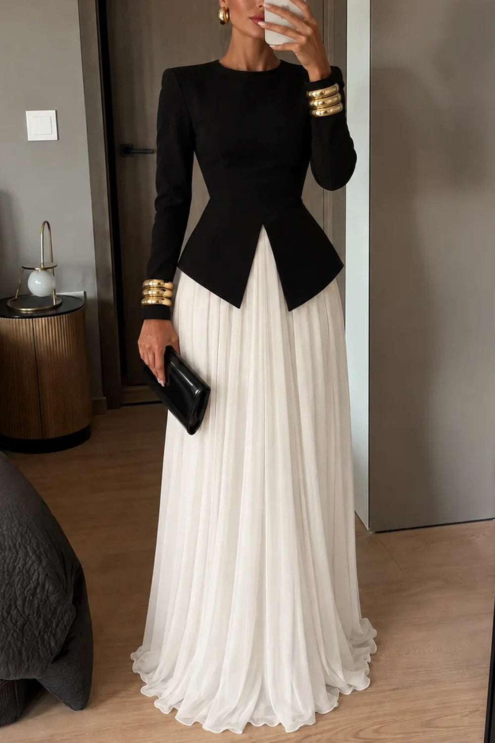 Elegant Long Sleeve Peplum Split Top and Pleated Maxi Skirt Two Piece Set [erp-image:9a6c3b70cff1372ff69862f1]