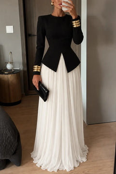 Elegant Long Sleeve Peplum Split Top and Pleated Maxi Skirt Two Piece Set [erp-image:9a6c3b70cff1372ff69862f1]