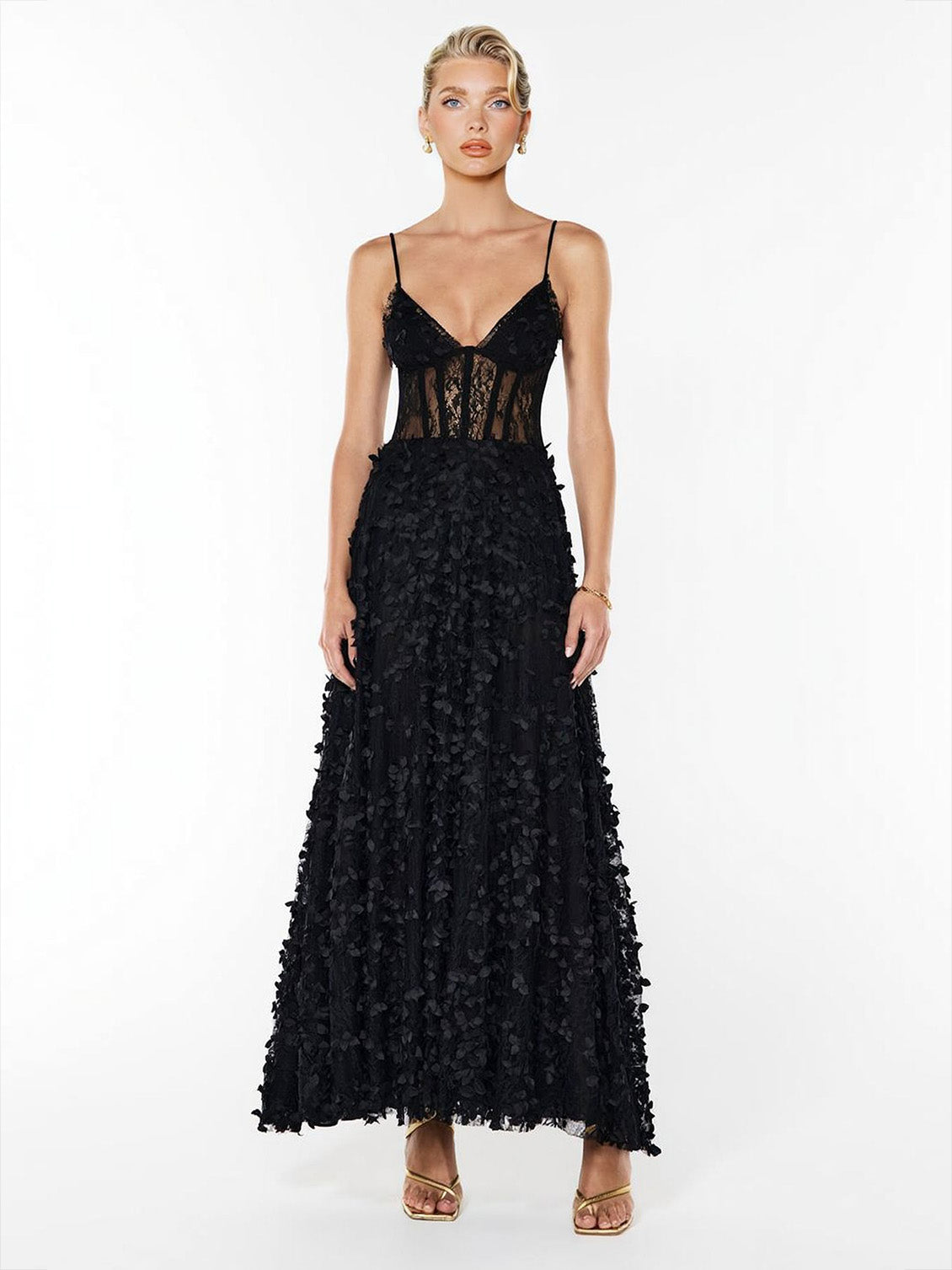 Elegant Lace Floral Applique A-Line Maxi Dress-Likemychoice