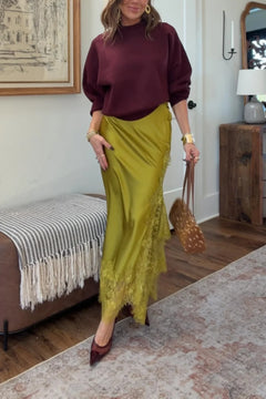 Burgundy Long Sleeve Sweatshirt and Olive Satin Lace Trim Midi Skirt Two Piece Set [erp-image:faf5b6fb8f22802972539c08]