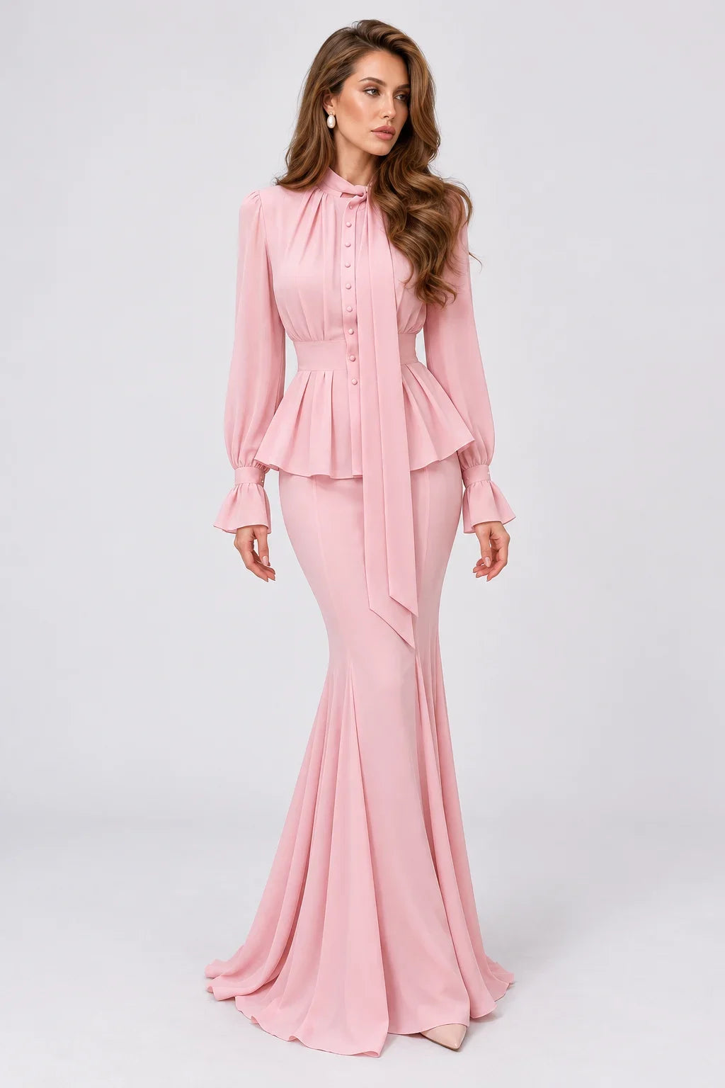 Peplum Tie-Neck Long Sleeve Blouse and Mermaid Maxi Skirt Two-Piece Set [erp-image:36efbb9242655684e2244d6f]