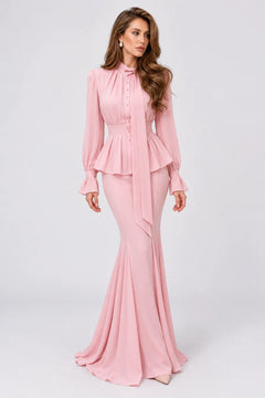 Peplum Tie-Neck Long Sleeve Blouse and Mermaid Maxi Skirt Two-Piece Set [erp-image:36efbb9242655684e2244d6f]