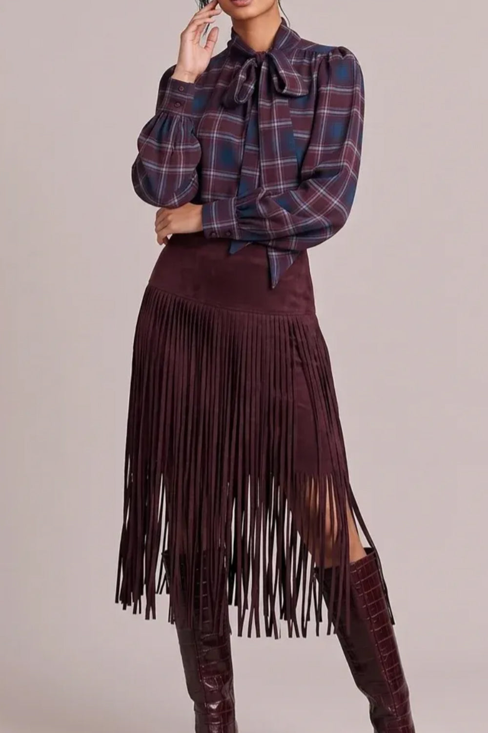 Plaid Bow Tie Blouse and Fringe Maxi Skirt Two Piece Set