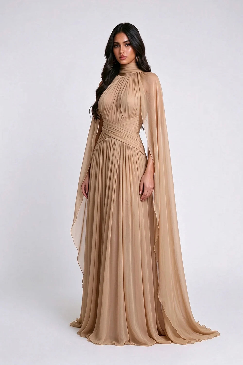 High Neck Pleated Cape Sleeve Chiffon Maxi Evening Dress [erp-image:7eefb08d1808e3277dfba2df]