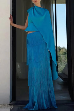 One Shoulder Cape Top and Tiered Fringe Maxi Skirt Two Piece Set [erp-image:7d51fccfcd1bce76ec0a65aa]