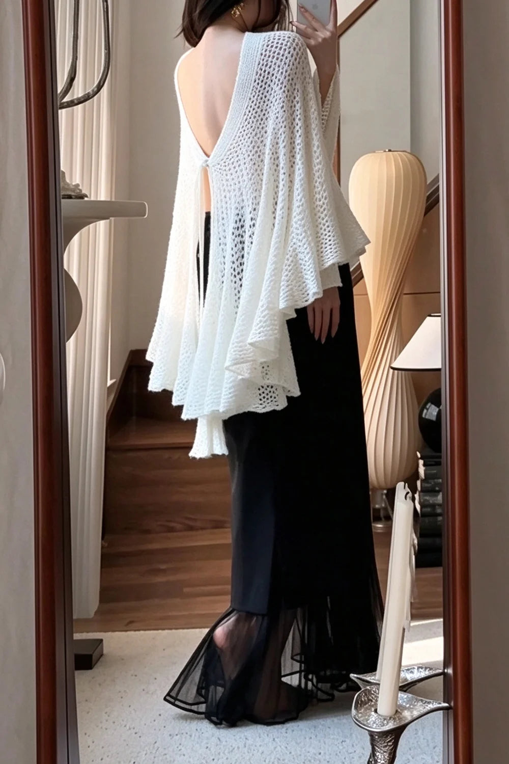 Women's Open Knit Cape Top Flowing Asymmetric Hem Flared Poncho Blouse [erp-image:7eb5fb32584d4e1190fec1b5]