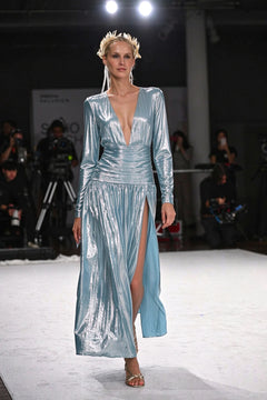 Metallic Light Blue Plunging V-Neck Long Sleeve High Slit Evening Maxi Dress [erp-image:9a9c02420268facfd2ccb82c]